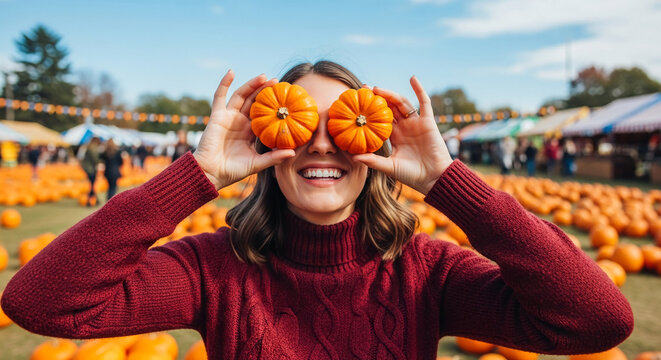 Woman in maroon sweater playfully holds pumpkins over eyes at autumn festival background, conveying joy and fall season spirit
