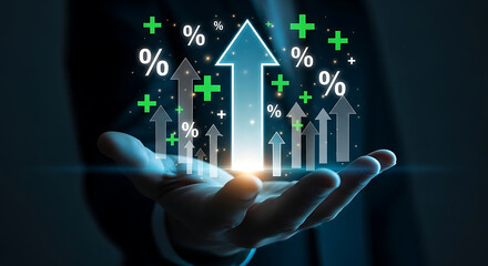 Businessman holding glowing upward arrows with percentage signs, financial growth, profit increase, investment strategy and business success concept