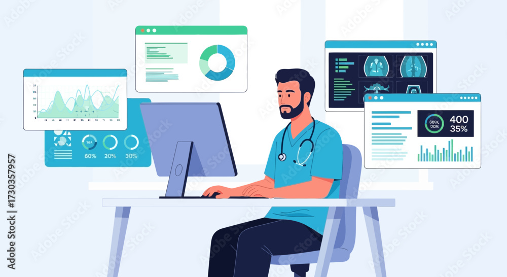 Wall mural doctor working at a computer with medical data visualizations floating around him.