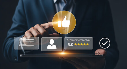 Businessman using digital tablet with customer satisfaction rating, five-star review, thumbs up icon, feedback survey and client experience concept