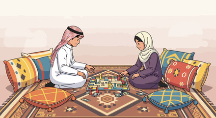 Two children in traditional attire engrossed in playing a board game on a patterned rug.