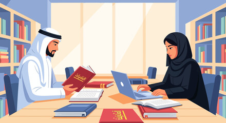 Two Arab individuals, a man reading a book and a woman using a laptop, are studying together in a library setting.