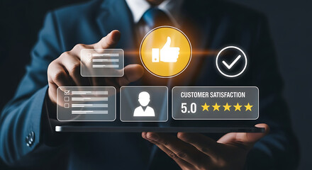 Businessman using digital tablet with customer satisfaction rating, 5-star review, thumbs up, feedback survey and client experience success concept