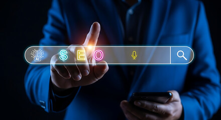 Businessman touching digital SEO search bar with glowing icons, artificial intelligence optimization, online marketing strategy and website ranking concept
