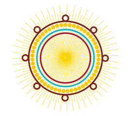 Circular design with radiating lines and concentric circles in various colors on a white background