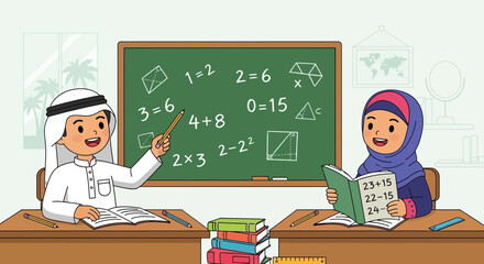 Two children, a boy pointing at a chalkboard with math equations and a girl reading a book, are in a classroom.