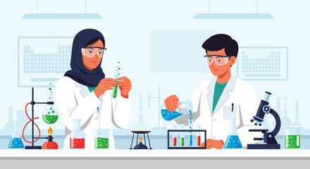 Two scientists, one wearing a hijab, conduct experiments in a laboratory setting.
