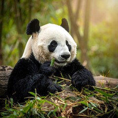 Fototapeta premium Panda Eating Bamboo in Nature.