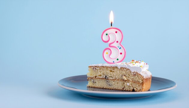 Slice of cake with a lit candle shaped as number 3 against a plain light-blue background