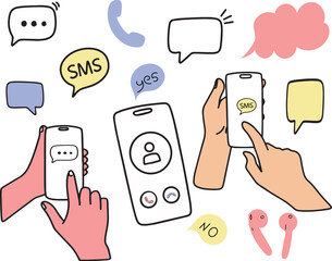 Phone in hand, phone screen, conversation icons, dialogue, doodle
