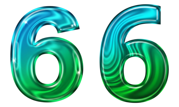 Cool crystal glass numbers 66 design shiny blue green translucent effect isolated on transparent background 