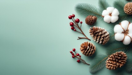 Fototapeta premium Christmas Decor Featuring Pine Cones Berries Cotton Flowers And Tree Artfully Arranged On A Soft Pastel Mint Backdrop
