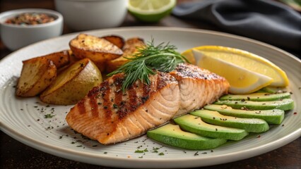 Grilled salmon fillet with avocado, potato wedges and lemon on a plate