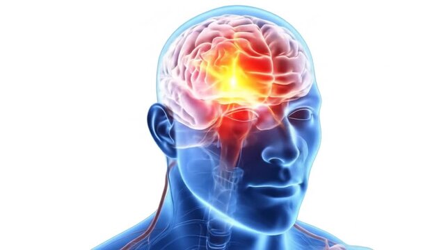 3D medical illustration of a human head and brain with highlighted injury