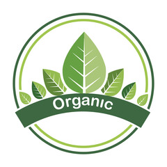 Organic product label isolated on white background with many green leaves and text