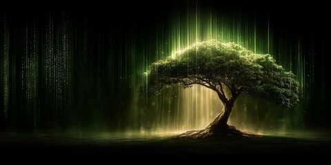 A glowing tree stands in a dark, futuristic landscape, its branches intertwined with cascading digital rain. The image blends technology and nature, evoking innovation, harmony, and surreal beauty.
