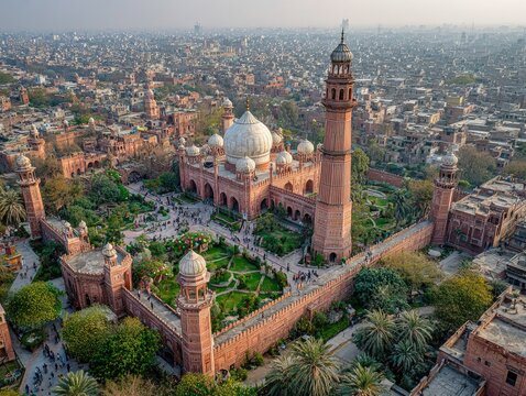 Aerial view of a mosque complex in a bustling city