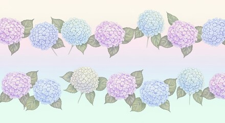 Soft pastel hydrangeas in a repeating pattern border.