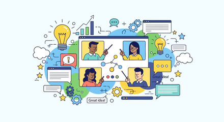 Diverse professionals engage in a global virtual meeting, fostering online collaboration and remote teamwork through digital communication technology.