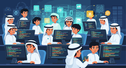 Cartoon illustration of young Arab boys coding on computers in a classroom setting, with digital icons floating above.