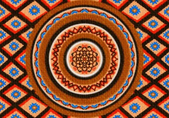 Macrame/Crochet Style Pattern in earth tones (brown, orange) and teal blue. Bold Mandala circle design. Perfect for Bohemian textiles, rugs, or retro background art.