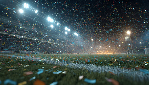 A lively soccer field under the night sky, featuring a burst of confetti that adds to the festive spirit - Powered by Adobe