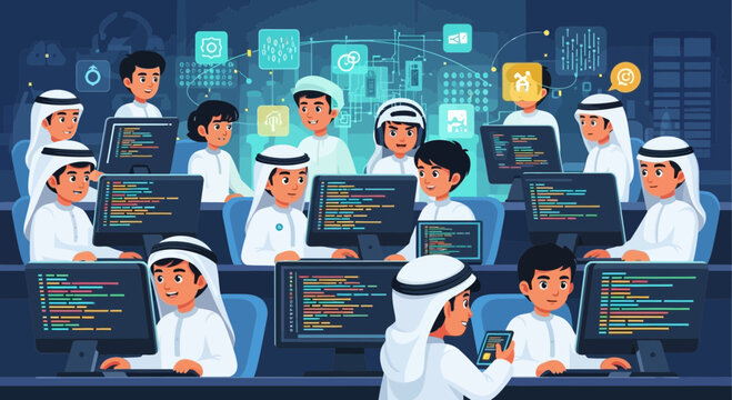 Cartoon illustration of young Arab boys coding on computers in a classroom setting, with digital icons floating above.