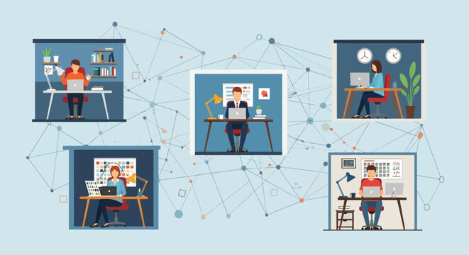 Professionals collaborate digitally from various remote locations, forming a connected global workforce through modern technology and efficient communication.