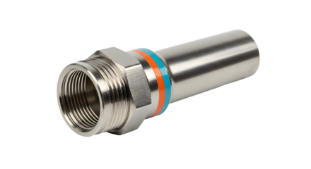 Metal industrial pipe fitting with threaded end and colorful ring on white background