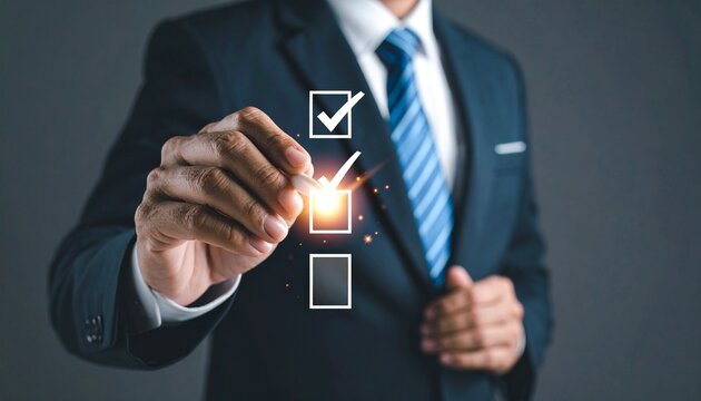 Businessman using pen to tick correct sign mark in checkbox for quality document control checklist and business approve project concept.