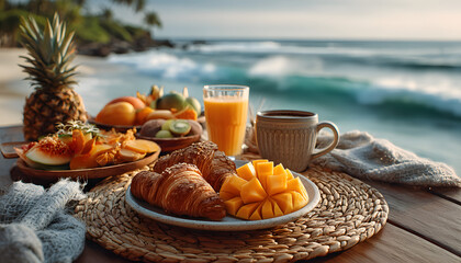 A calming beach breakfast setup, representing the quintessential summer getaway and travel experience