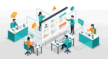 An illustrative depiction of a modern business team collaborating digitally, managing data, and optimizing recruitment processes within a connected office environment.