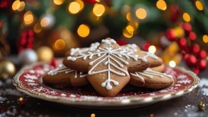 Festive gingerbread cookies on a red plate, adorned with icing and surrounded by holiday lights and decorations
