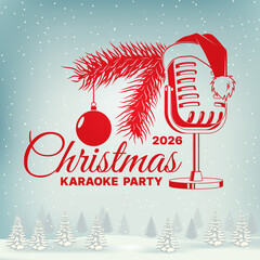 Christmas karaoke party and Happy New Year stamp, sticker with christmas tree branch, retro microphone in Santa hat. Vector. Vintage typography design for xmas, new year emblem in retro style
