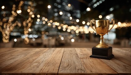 Golden trophy on wooden table, night city lights