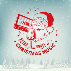Christmas retro music party and Happy New Year stamp, sticker with retro microphone, audio cassette, Christmas Santa Claus. Vector. Vintage typography design for Xmas, new year emblem in retro style