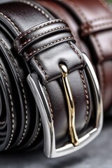 Close-up of two brown leather belts, focusing on a buckle
