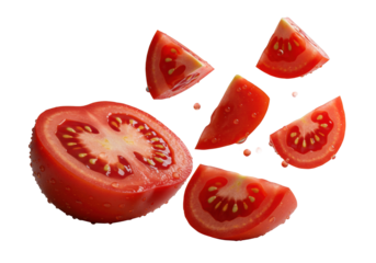 Macro vibrant red tomato, half cut revealing glistening seeds, with suspended juicy quarter-slices, on transparent background, dramatic studio light. Concept of fresh succulence