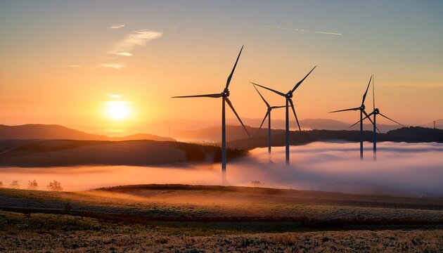 misty wind farm at sunrise