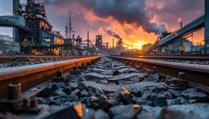 Industrial sunset over train tracks