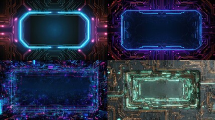 Four futuristic circuit-board style frames with glowing edges & center displays, in various color schemes