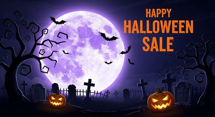 Happy halloween sale with spooky graveyard, full moon, bats, and jackolanterns