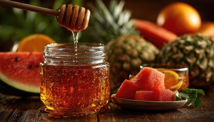 Honey drips into a glass jar, surrounded by fruit