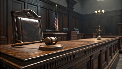 Empty courtroom with gavel on the judges bench and american flag