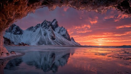 Frozen mountain vista at dawn, reflected in calm water, framed by cave opening