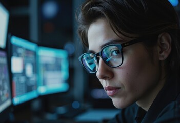 Computer vision engineer focused beside an advanced image processing station