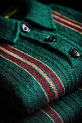 Close-up of emerald green ribbed knit sweater with bold stripes