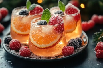 glasses of champagne with raspberries and mint.