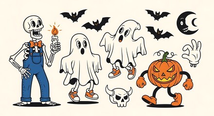 Retro halloween illustration featuring a skeleton holding a candle, two ghosts, a jackolantern, bats, a crescent moon, and a skull, isolated on white background