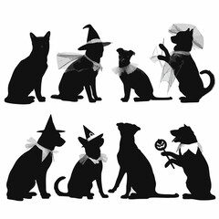 Set of Halloween silhouettes with cute ghosts and a scary Jack-o'-lantern.